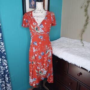 Pink Wheels Rayon Tropical Floral Print Ruffle Wrap Retro Hi Low Dress S